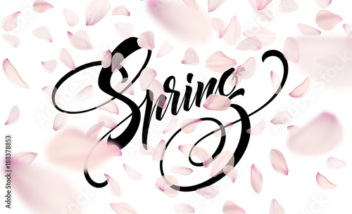 Fototapeta Naklejka Na Ścianę i Meble -  Spring lettering web banner template. Color pink sakura cherry blossom flower blue sky landscape background design. Vector illustration