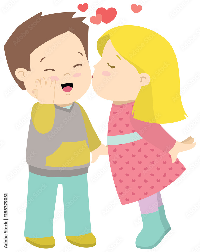 Cute Little Girl Kissing a Boy Valentines Day Card Vector Flat Illustration Isolated on White Cute Little Girl Kissing a Boy Valentines Day Card Vector Flat Illustration Isolated on White