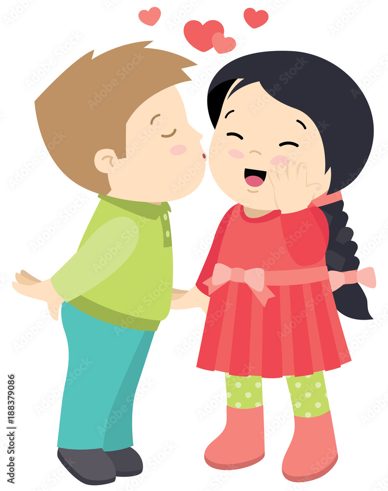 Cute Little boy Kissing a Girl Valentines Day Card Vector Flat Illustration Isolated on White
