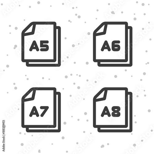 Paper size A5, A6, A7, and A8 icons. Document symbol.