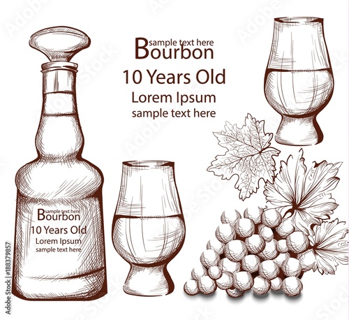 Bourbon Vintage bottle in line art Vector illustrations