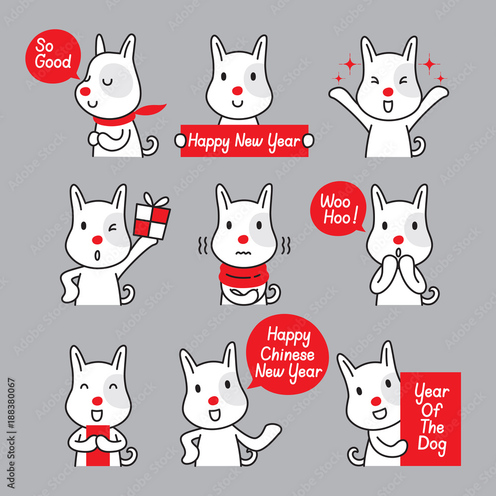 Fototapeta premium Dog Emoticons Icons Set, Year Of The Dog, Traditional Celebration, Happy New Year, China, Emoji, Expression, Animal