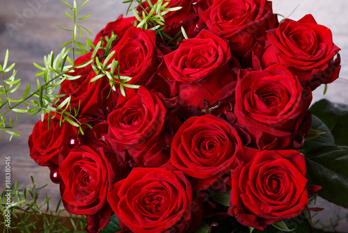 Luxury bouquet made of red roses in flower shop Valentines Bouquet of red roses photo