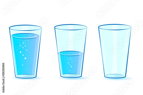 Glasses set for water. Glasses: full, empty, half-filled with water. Vector