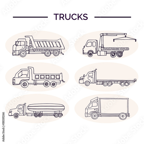 Hand drawn doodle truck set. Vector illustration. Isolated elements on white background.