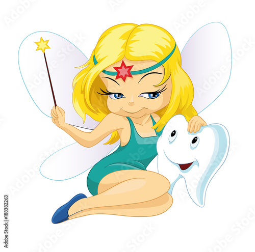 Illustration of a cute little Tooth Fairy sitting, Blond hair girl vector character with magic wand