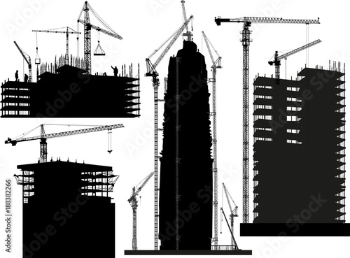 skyscraper black silhouettes with buildings cranes