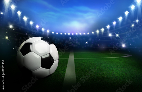3D Rendered black and white soccer ball on green field in the football stadium