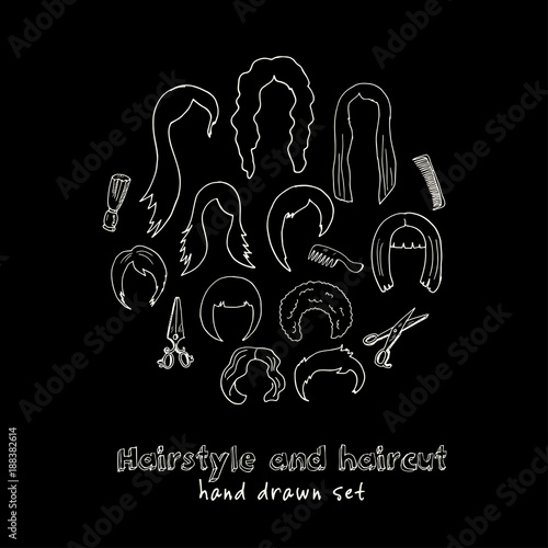 Hand drawn doodle hairstyle and haircut set.