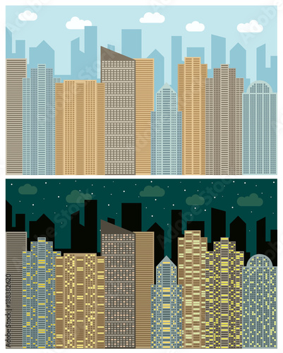 Street view with cityscape, skyscrapers and modern buildings in the day and night. Vector urban landscape illustration. 

