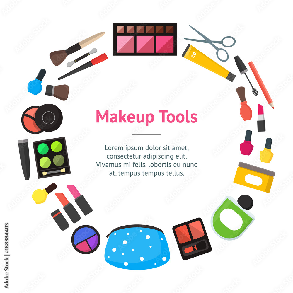 Vector Flat Make Up Tools Banner Card Circle Cosmetics, Mascara and Brushes on white background Illustration Vector Flat Make Up Tools Banner Card Circle Cosmetics, Mascara and Brushes on white background Illustration