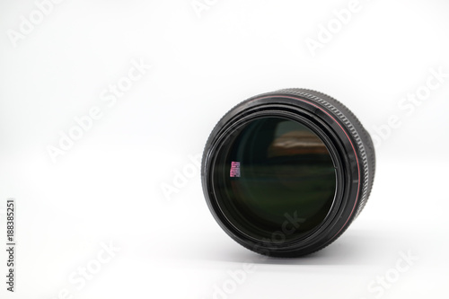 closeup camera lens on white background 