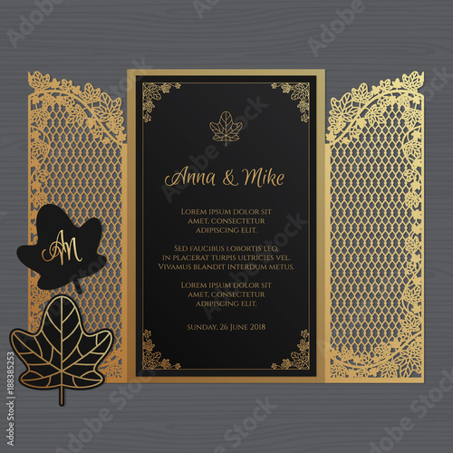 Luxury wedding invitation or greeting card with geometric ornament. Art Deco style. Vector illustration.