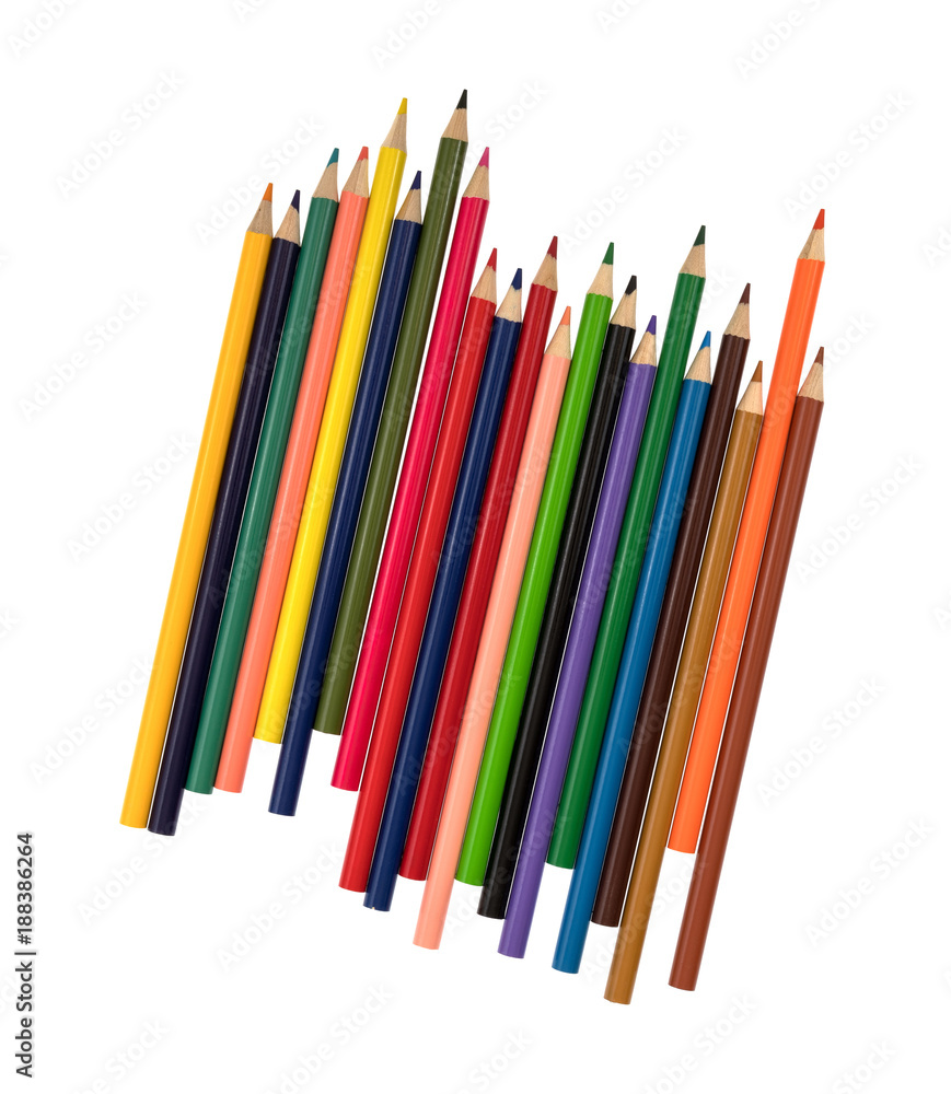 Top view of a group of colorful sharpened pencils isolated on a white background.