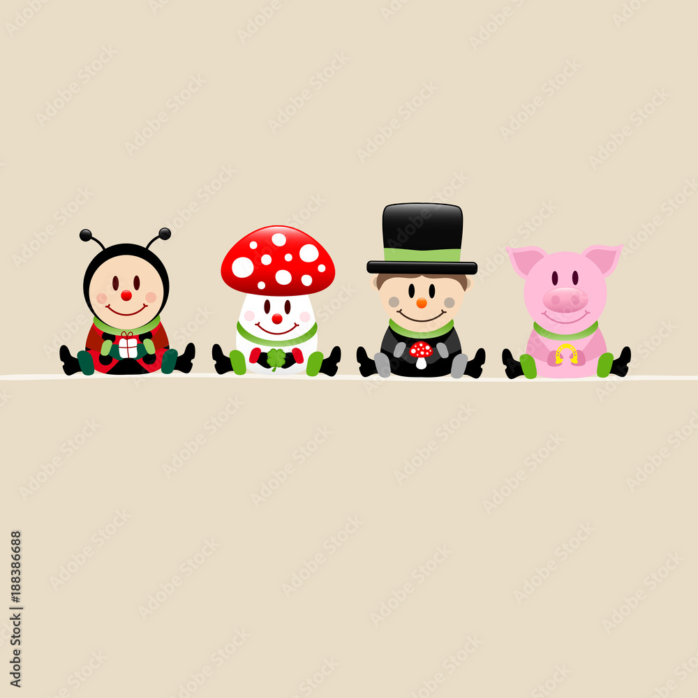 Fototapeta premium Ladybeetle, Fly Agaric, Chimney Sweeper & Pig Beige