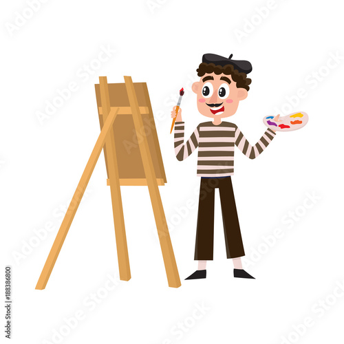French painter, artist having mustache, striped shirt and beret, cartoon vector illustration isolated on white background. Typical, stereotypical French artist, painter in beret holding brush