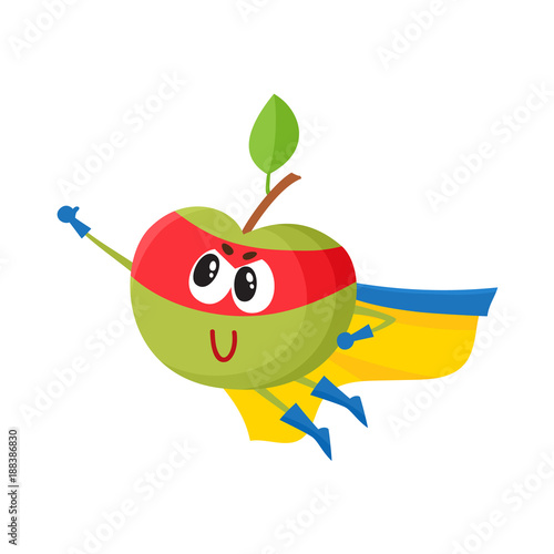 vector flat green apple character in yellow cape, red mask flying like superman. Isolated illustration on a white background Stylized humanized fruit and vegetable super hero protecting people health