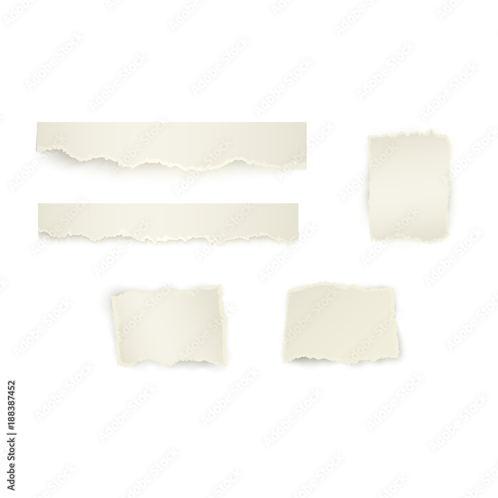 Vector set of torn paper set. Different stripe and square shape of blank scraps. Notebook sheets with ripped edges for your design. Realistic isolated illustration on a white background. Vector set of torn paper set. Different stripe and square shape of blank scraps. Notebook sheets with ripped edges for your design. Realistic isolated illustration on a white background.