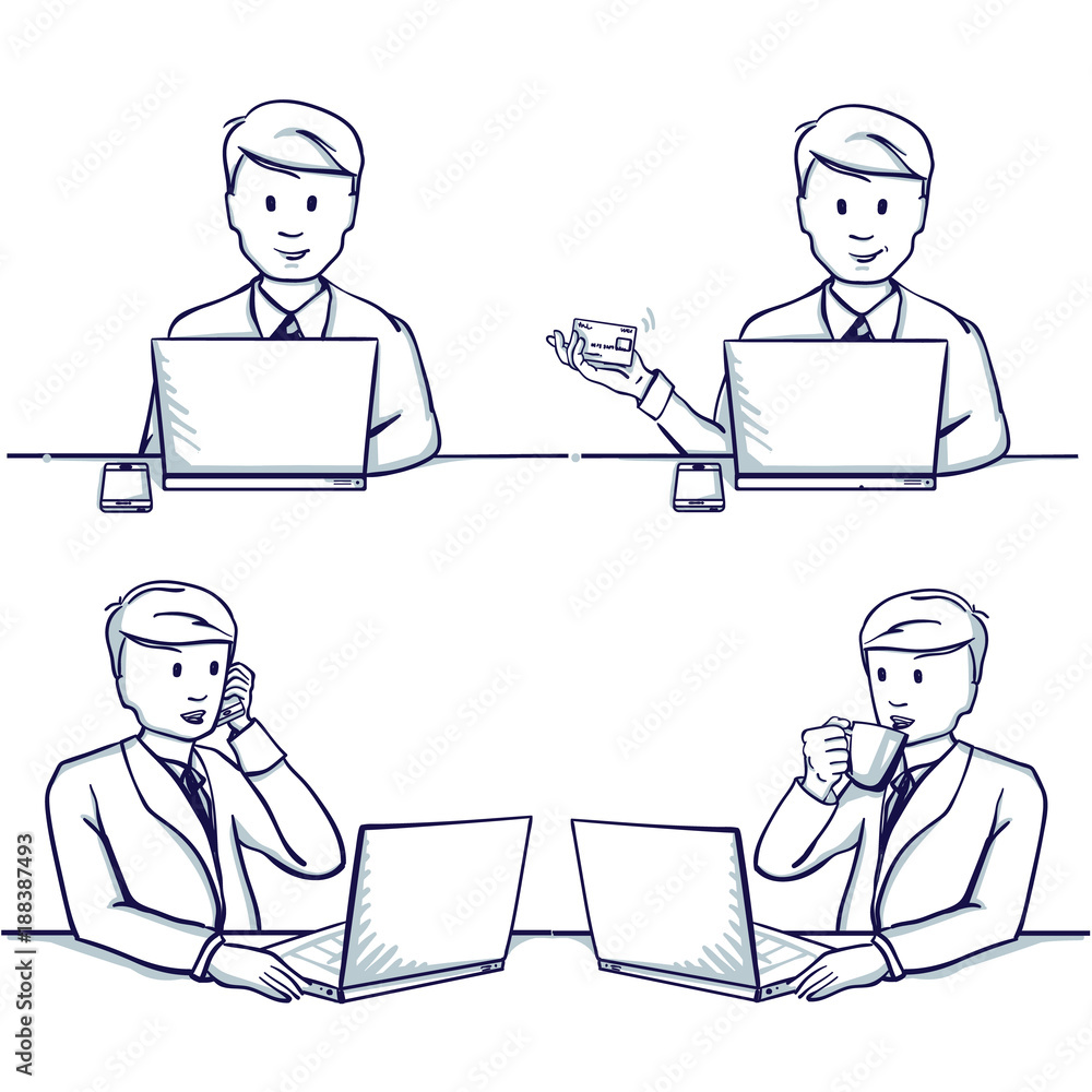 Set of business man cartoon illustration. Sitting scenes: business man next to her laptop, make online shopping, talking on mobile phone and drinking tea. Hand drawn doodle vector illustration.. Set of business man cartoon illustration. Sitting scenes: business man next to her laptop, make online shopping, talking on mobile phone and drinking tea. Hand drawn doodle vector illustration..