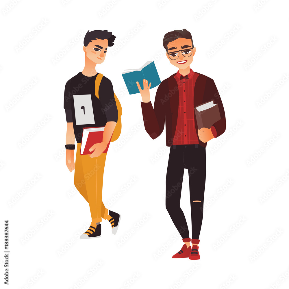 Vector cartoon young male teen students set. Men in modern casual clothing, jeans, glasses holding books, backpack smiling. university, college characters. Isolated illustration, white background Vector cartoon young male teen students set. Men in modern casual clothing, jeans, glasses holding books, backpack smiling. university, college characters. Isolated illustration, white background
