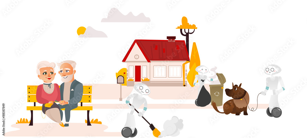 Robots doing housework taking garbage out, walking dog, sweeping while people relax and do nothing, flat cartoon vector illustration isolated on white background. Robots free people from housework