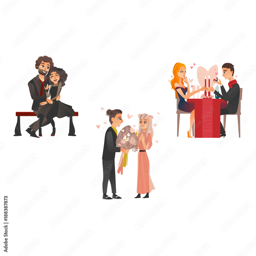 Vector cute couples in love dating at valentine's day. Cartoon beautiful  characters hugging, embrasing expressing care positive emotions, giving  flowers, making proposal. Isolated illustration Stock Vector | Adobe Stock