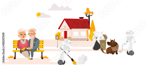 Robots doing housework taking garbage out, walking dog, sweeping while people relax and do nothing, flat cartoon vector illustration isolated on white background. Robots free people from housework