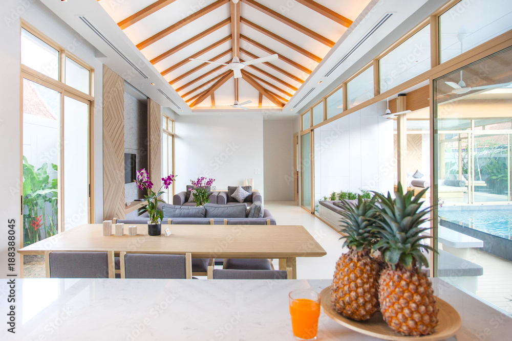 Luxury interior design in living room of pool villas. Airy and bright ...