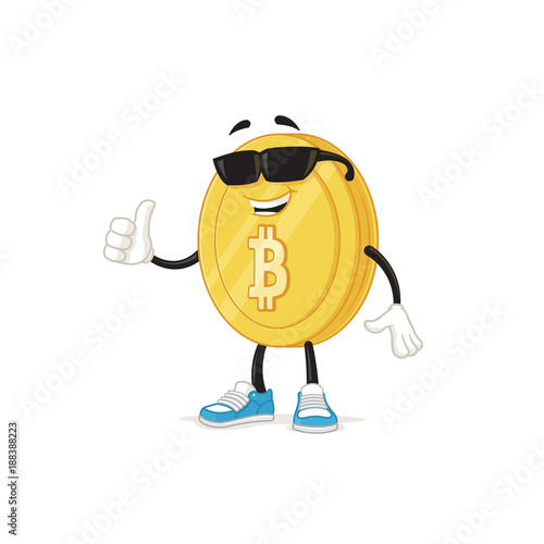 Cool Bitcoin mascot with sunglasses showing thumb up vector cartoon illustration