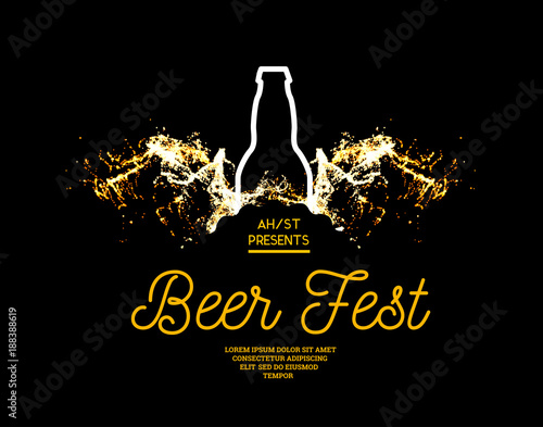 Beer fest. Splash of beer with bubbles on a black background. Vector illustration with a silhouette of a bottle