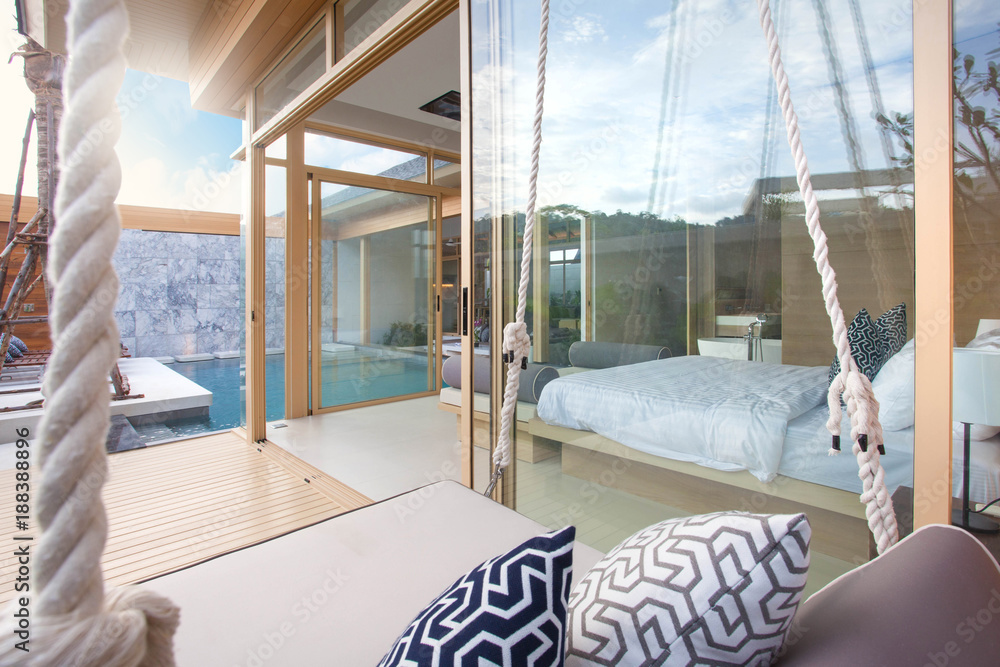 Luxury Interior design in bedroom of pool villa with cozy king bed ...
