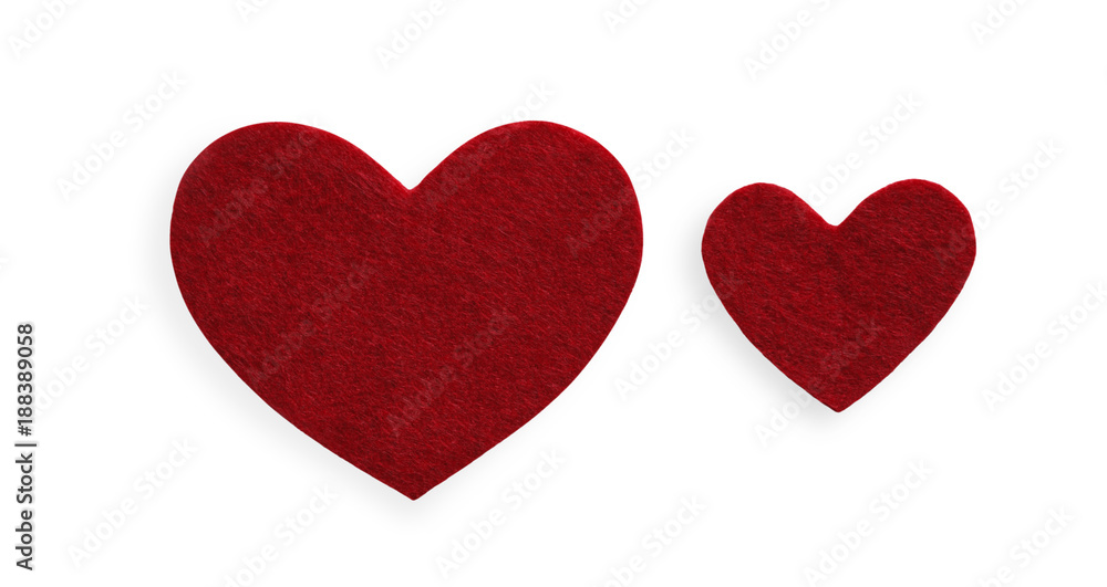 Dark red felt hearts isolated on white background, valentine day