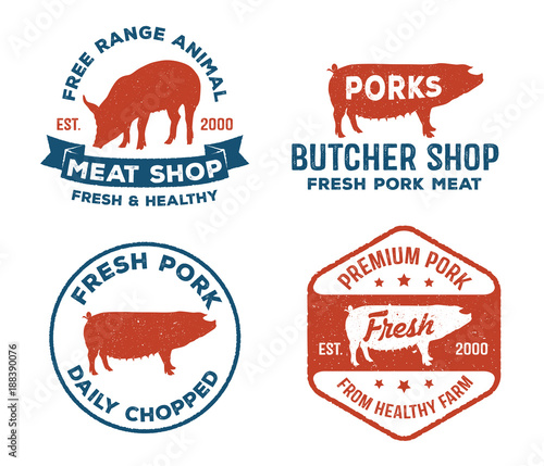 vintage retro vector label badge design set of farm, pork, pig meat, butcher in red and blue color  