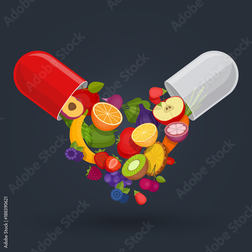 Medical capsule with fruit and vegetables. Vitamins and supplements. Different fruit in capsule. Flat style, vector illustration.