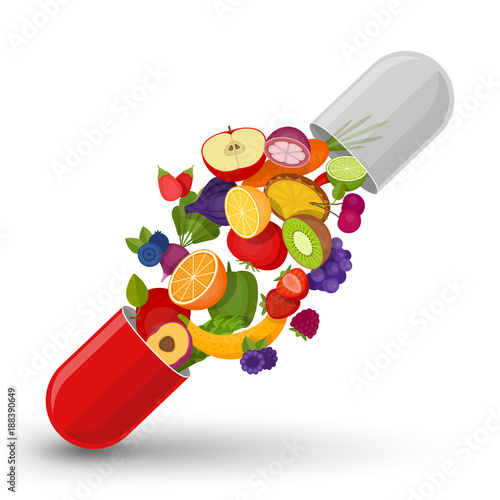 Medical capsule with fruit and vegetables. Vitamins and supplements. Different fruit in capsule. Flat style, vector illustration.