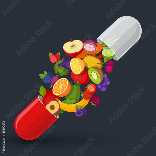 Medical capsule with fruit and vegetables. Vitamins and supplements. Different fruit in capsule. Flat style, vector illustration.