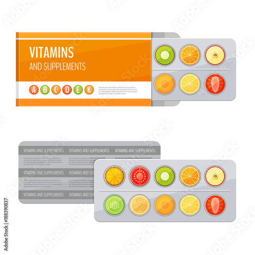 Blister pack of pills with fruit. Vitamins and supplements. Flat style, vector illustration.