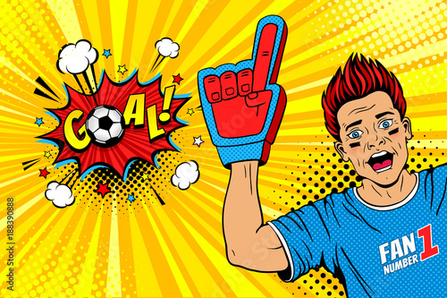 Wow pop art male face. Young happy football fan with open mouth rising his hand celebrates win and Goal speech bubble. Vector colorful illustration in retro comic style. Sport game invitation poster.