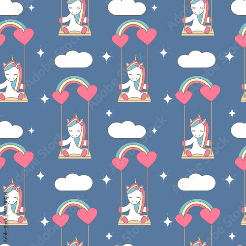 cute lovely seamless vector pattern background illustration with unicorn sitting on a rainbow swing