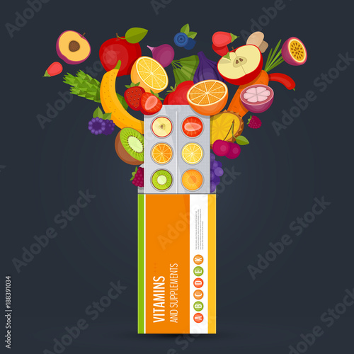 Blister pack of pills with fruit. Vitamins and supplements. Flat style, vector illustration.