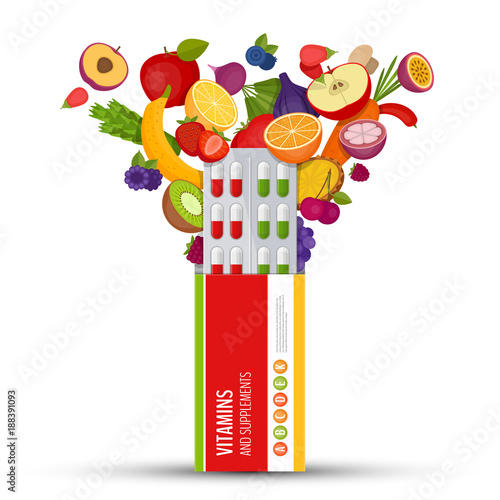 Blister pack of pills with fruit. Vitamins and supplements. Flat style, vector illustration.