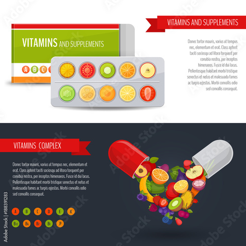 Blister pack of pills with fruit. Vitamins and supplements. Healthcare banner. Flat style, vector illustration.