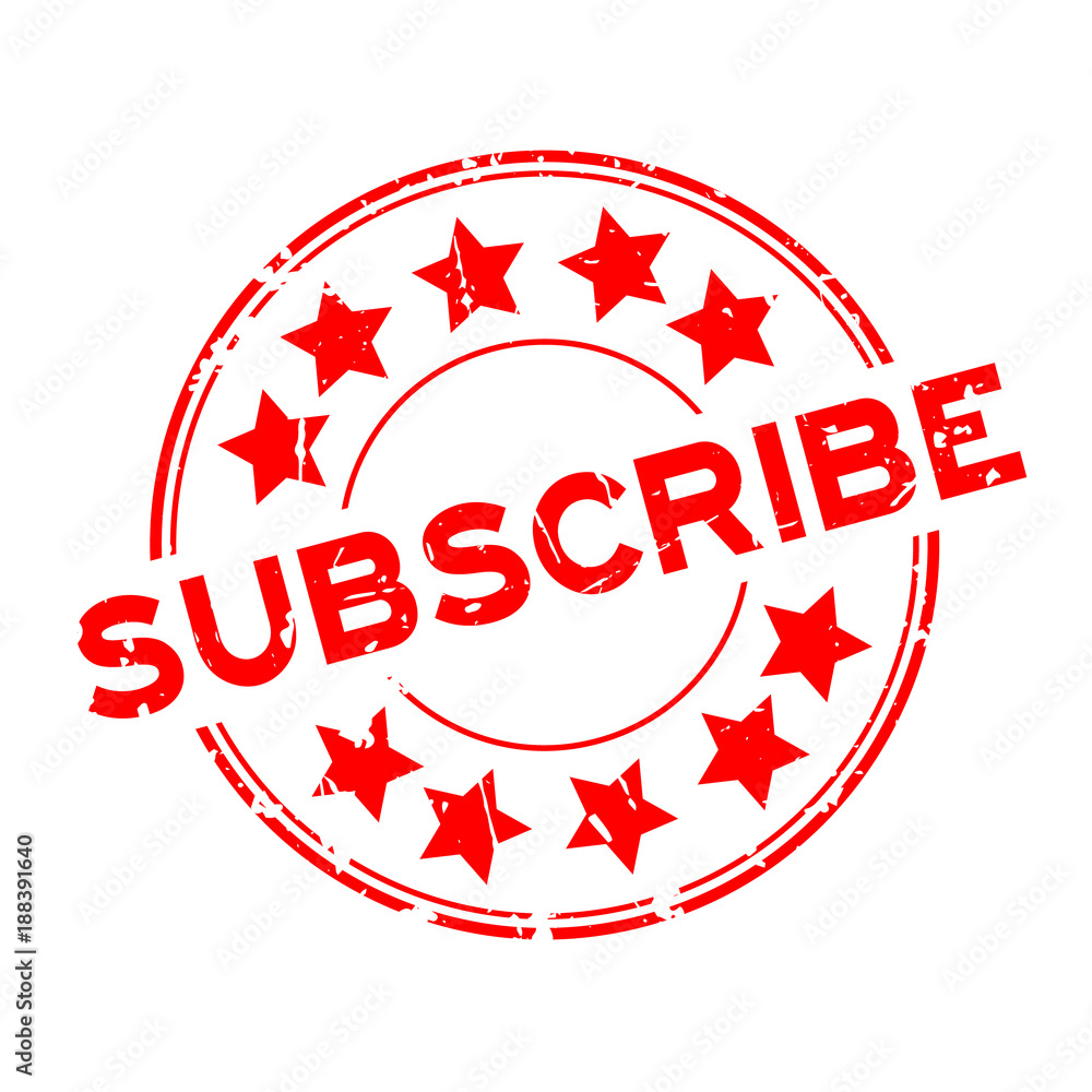 Grunge red subscribe with star icon round rubber seal stamp on white background Grunge red subscribe with star icon round rubber seal stamp on white background