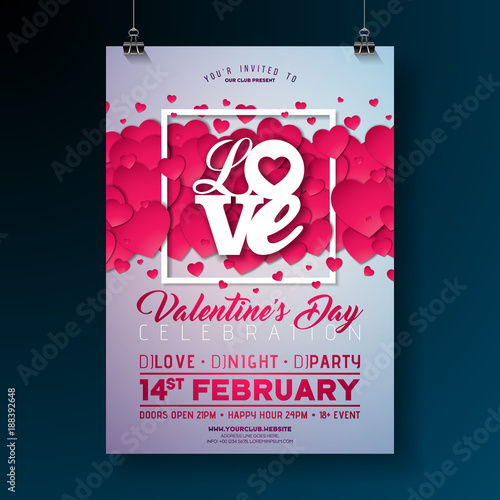 Vector Valentines Day Party Flyer Design with Love Typography Letter and Heart on Clean Background. Celebration Poster Template for Invitation or Greeting Card.
