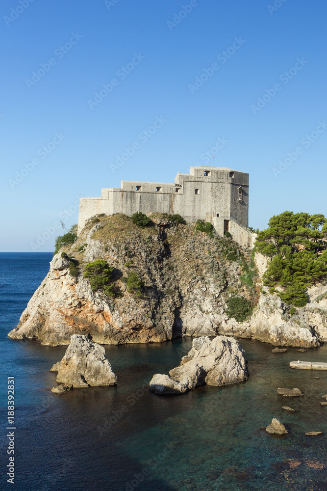 View of Fort Lovrijenac (St. Lawrence Fortress) on a steep cliff in Dubrovnik, Croatia, on a sunny day. Copy space.
