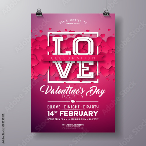 Vector Valentines Day Party Flyer Design with Love Typography Letter and Heart on Clean Background. Celebration Poster Template for Invitation or Greeting Card.