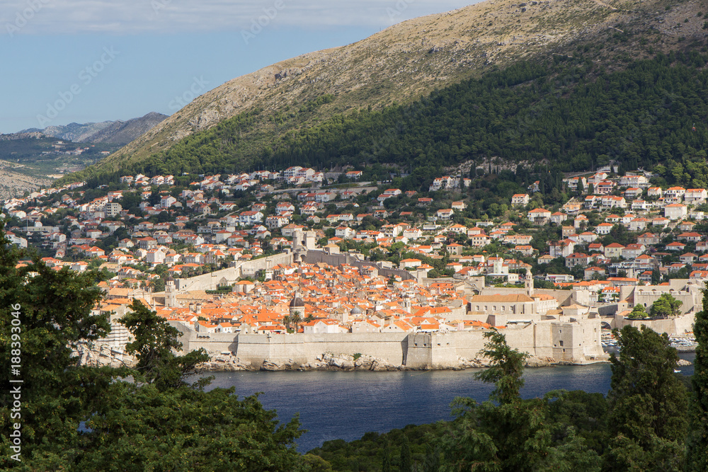 Fototapeta premium Old Town, buildings on the hillside and Mount Srd in Dubrovnik, Croatia, viewed from the lush Lokrum Island on a sunny day.