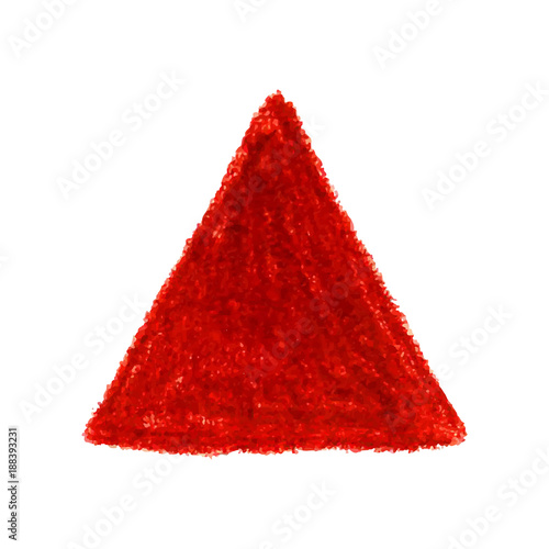 Red crayon scribble texture stain triangle shape isolated on white background