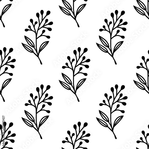 Monochrome vector seamless plant pattern. Endless background decorative elements. Modern floral texture.
