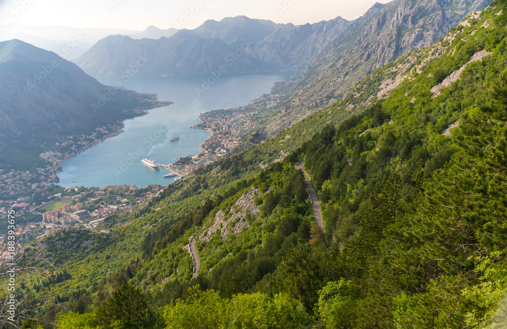 A view of the ancient city of Kotor and the Boka Kotorska bay from the top of the mountain.